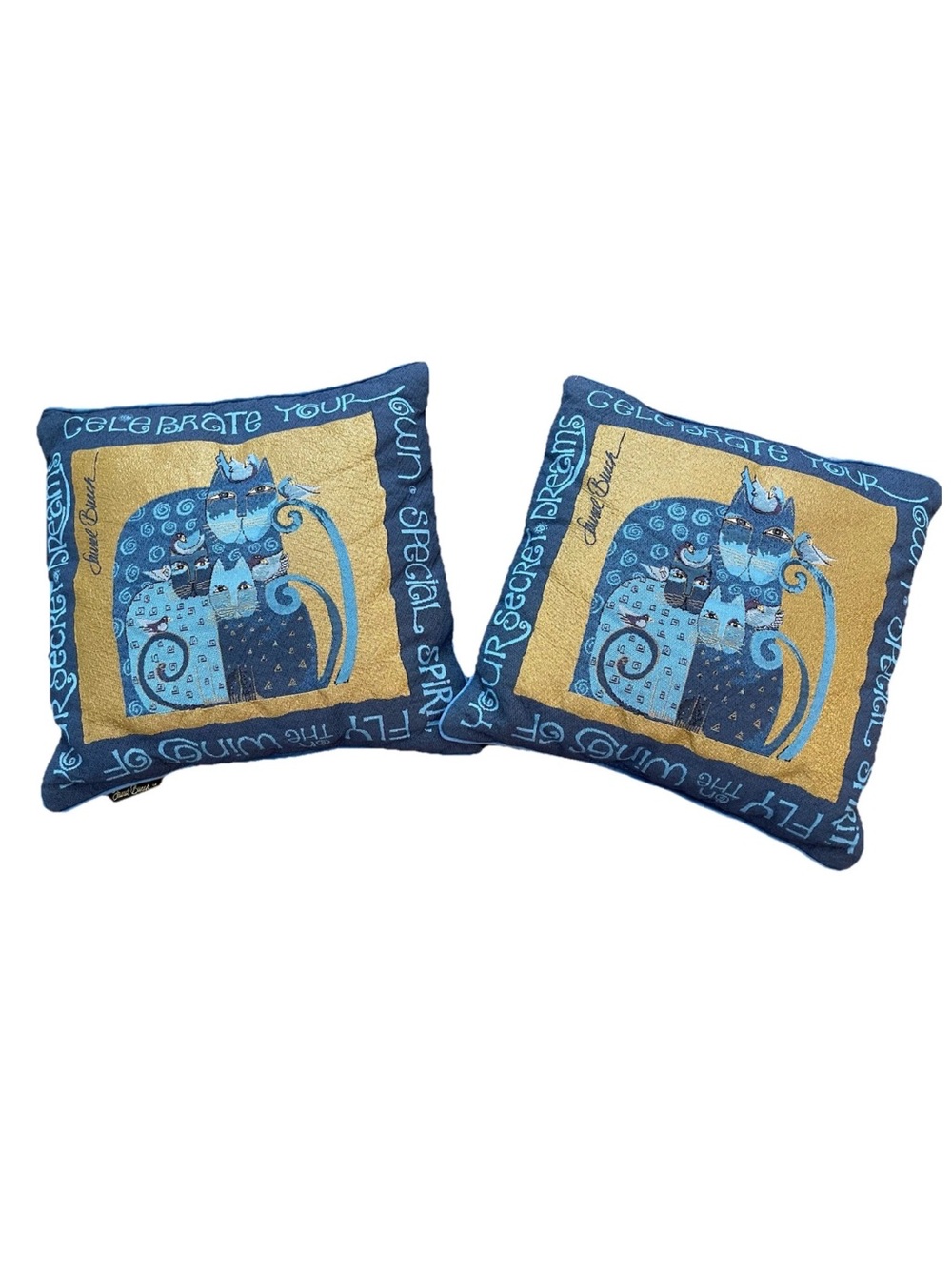 Vintage Laurel Burch “Secret dreams” indigo blue tapestry throw pillow set of 2